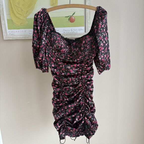 For Love & Lemons Black 'Melrose' Dress - Satin Bodycon Cocktail Puff Sleeve - Picture 6 of 8